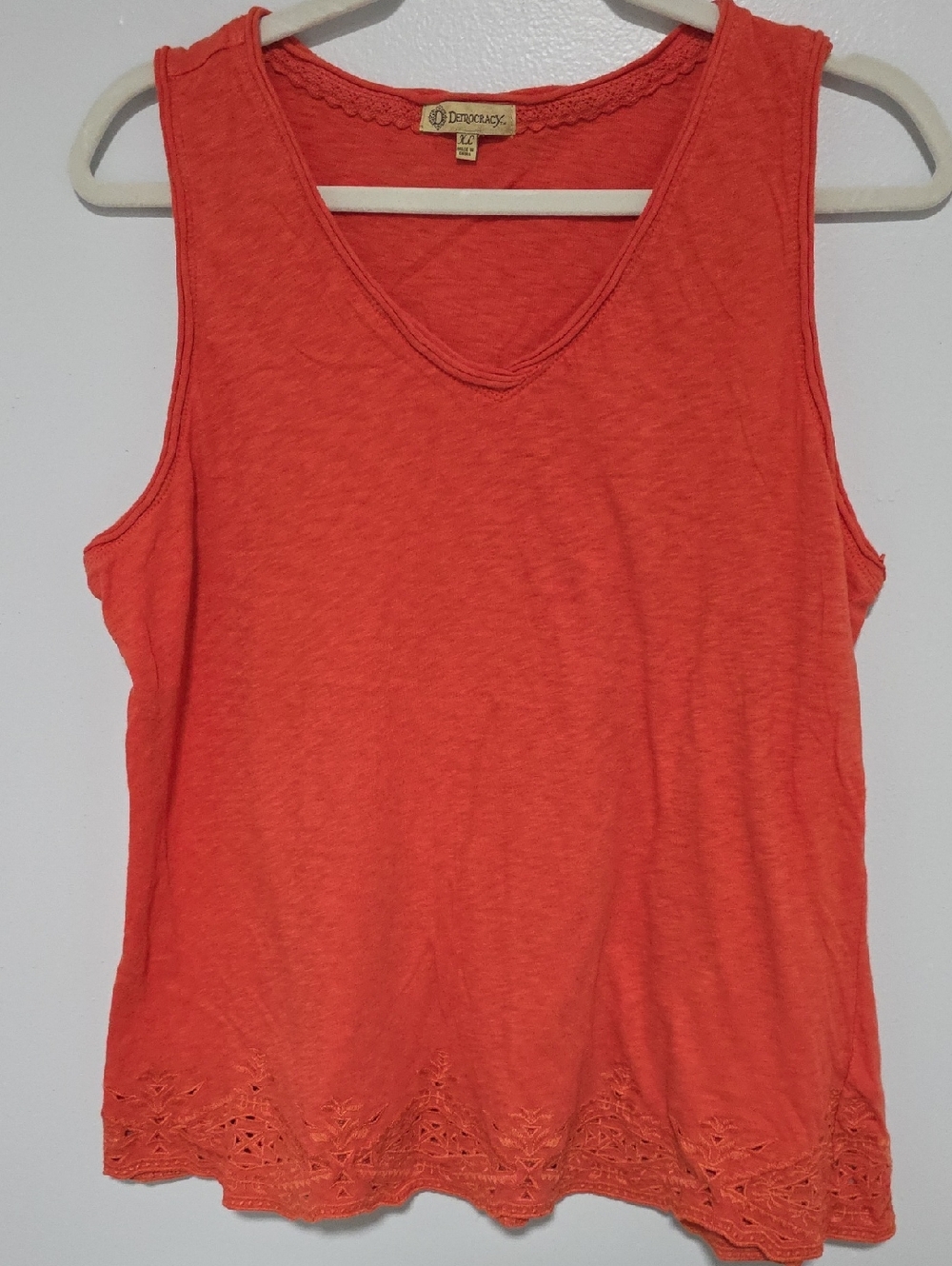 Womens Democracy Orange Vneck Cotton Tank With Laser Cut Out Hem Detail …
